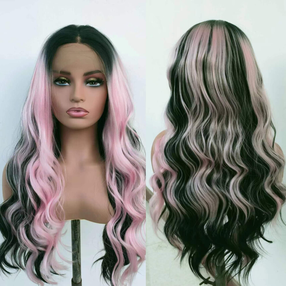 Synthetic Lace Front Wig Pink Ombre Long Body Wave for Women Natural Hairline Heat Resistant