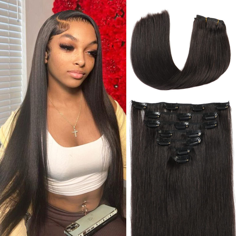 Unisex Black 22 Inch Remy Human Hair Clip In Extensions 7Pcs Double Weft Natural Shine Tangle