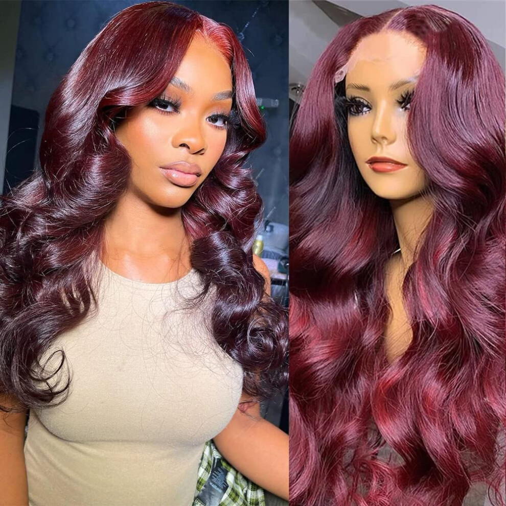 Unisex Red 99J Burgundy Lace Front Wig Human Hair Body Wave 13X4 Pre Plucked Natural Hairline Glueless Fit
