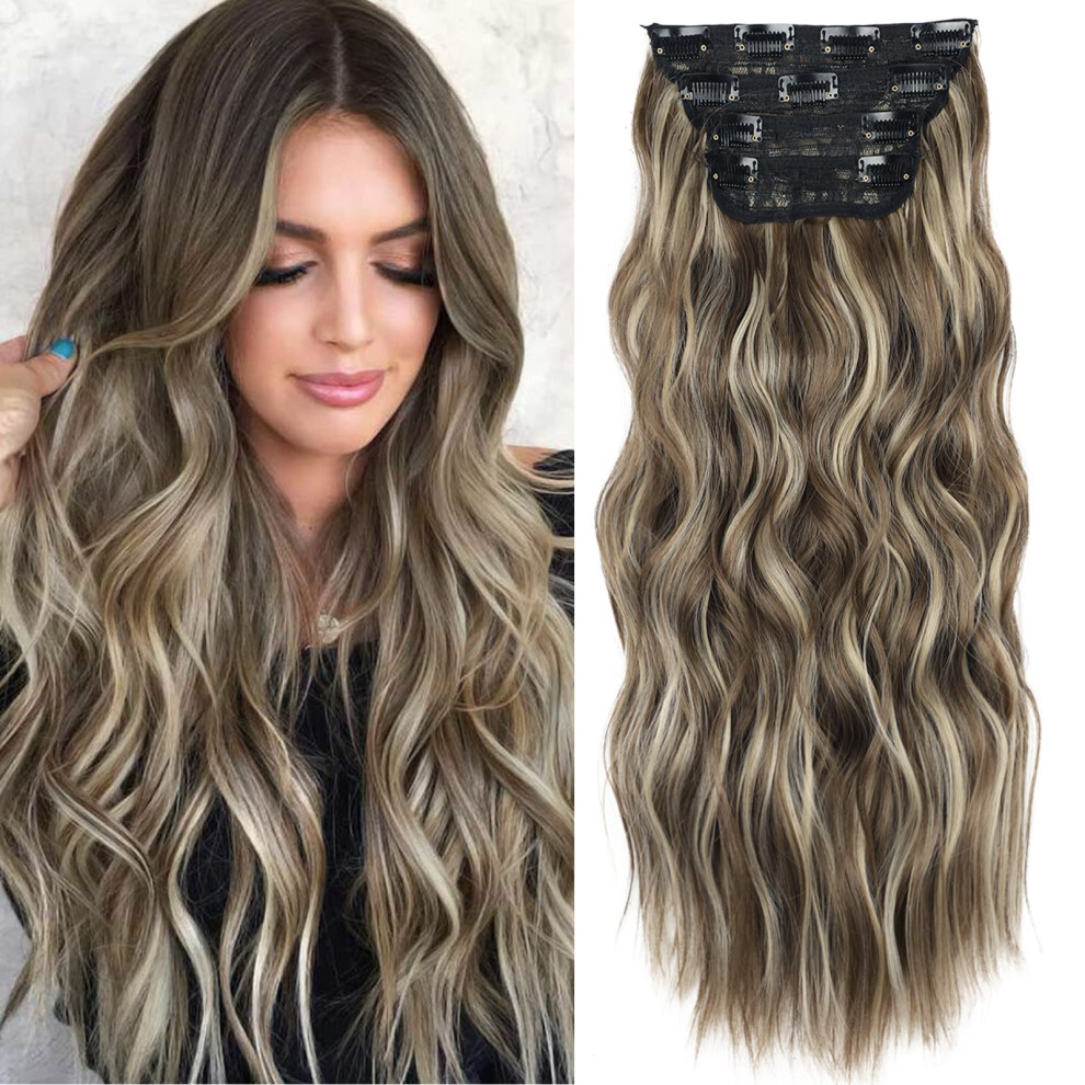 Unisex Brown 20 Inch Clip In Hair Extensions Long Wavy Synthetic Fiber Double Weft Medium Ash Blonde