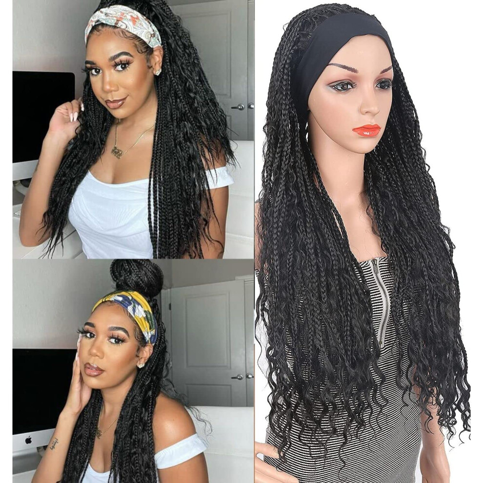 Unisex Black Synthetic Braided Headband Wig For Women 30 Inch Goddess Braids With Natural Curls