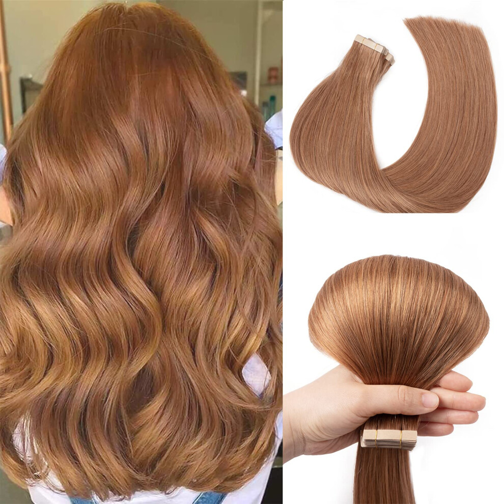 Unisex Red Seamless Tape In Hair Extensions 18 Inch Medium Auburn Remy Human Hair Natural Blend 80G