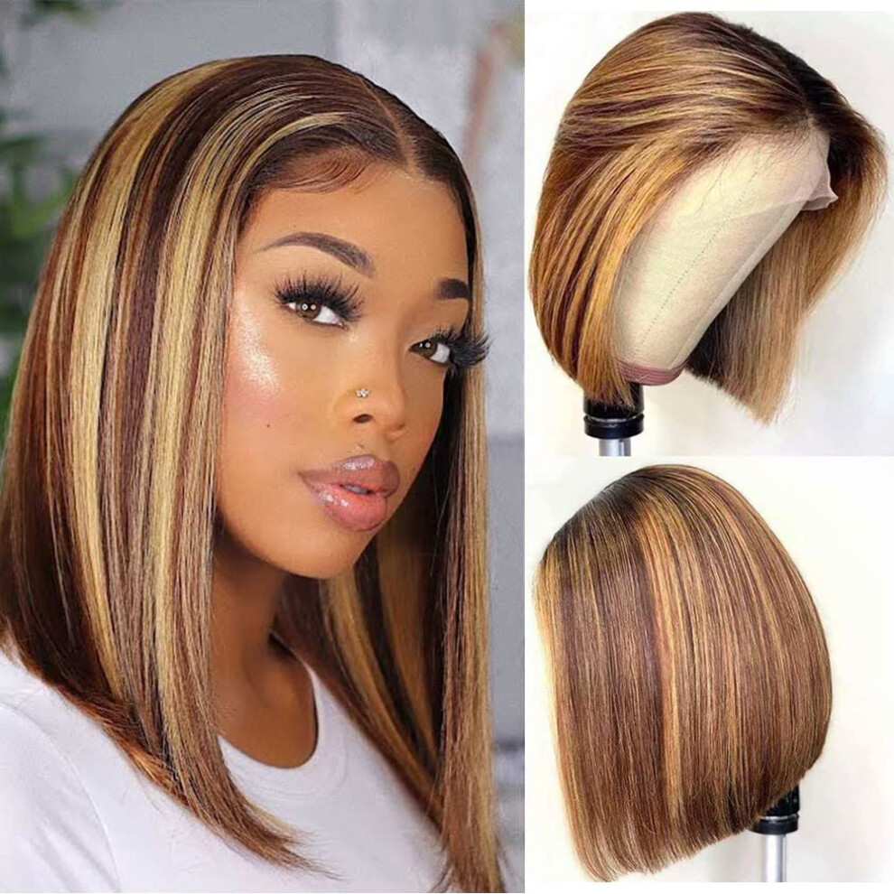 Unisex Human Hair Bob Wig 13X6 Lace Front Pre Plucked Honey Blonde Ombre 150% Density Remy Hair 12 Inch