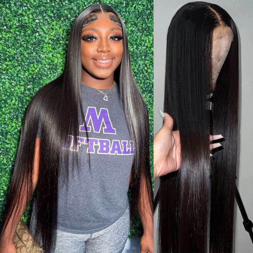 Unisex Glueless Human Hair Wig 34 Inch 5X5 Hd Lace Closure Pre Plucked Pre Bleached Knots 180 Density Straight