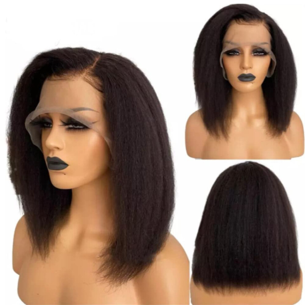 Unisex 13X4 Hd Lace Kinky Straight Bob Wig Brazilian Virgin Human Hair Natural Hairline 16Inch