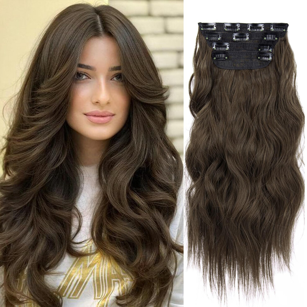 Unisex Brown Clip In Long Wavy Hair Extensions Chestnut 20 Inch Double Weft Synthetic Hairpieces For Instant Volume