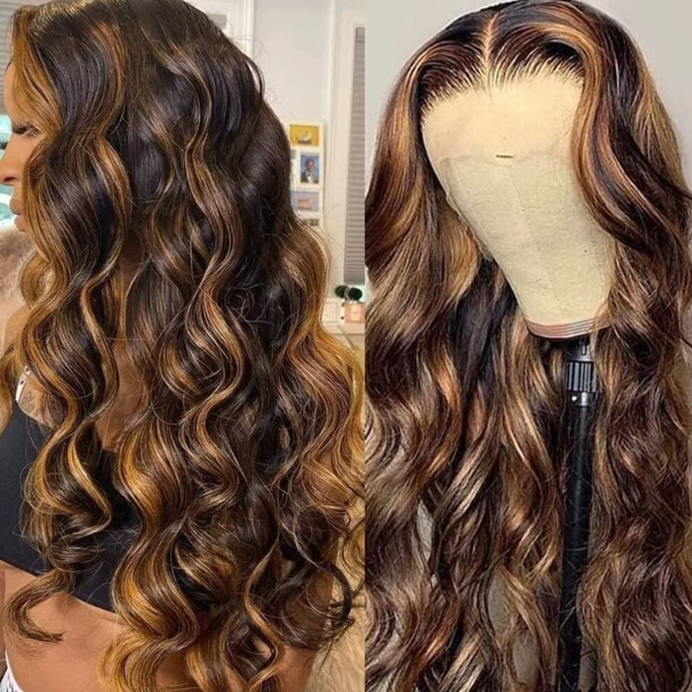 Unisex 26 Inch Honey Blonde Ombre Human Hair Lace Front Wig, 13X6 Hd Transparent Brazilian Body Wave, Pre Plucked Glueless Fit