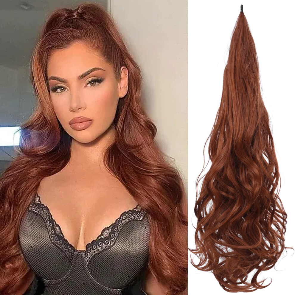 30 Inch Reddish Auburn Wrap Around Ponytail Hair Extension, Long Wavy Synthetic Hairpiece for Women