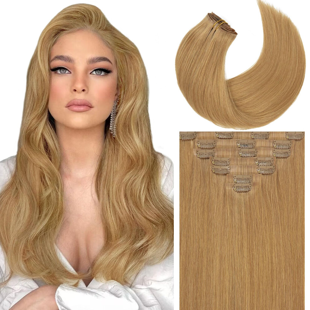 Unisex Brown Clip In Hair Extensions 20 Inch Caramel Blonde Remy Human Hair, Seamless Pu Skin Weft, Thick Ends