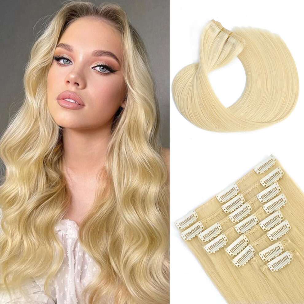 Unisex Clip In Human Hair Extensions 22 Inch Brazilian Virgin Bleached Blonde Double Weft Straight 8Pcs