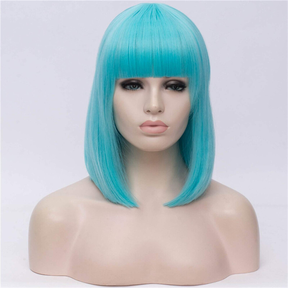 Unisex Black Synthetic Wigs For Women 14 Inch Short Bob Wig With Bangs Heat Resistant Cosplay Hair