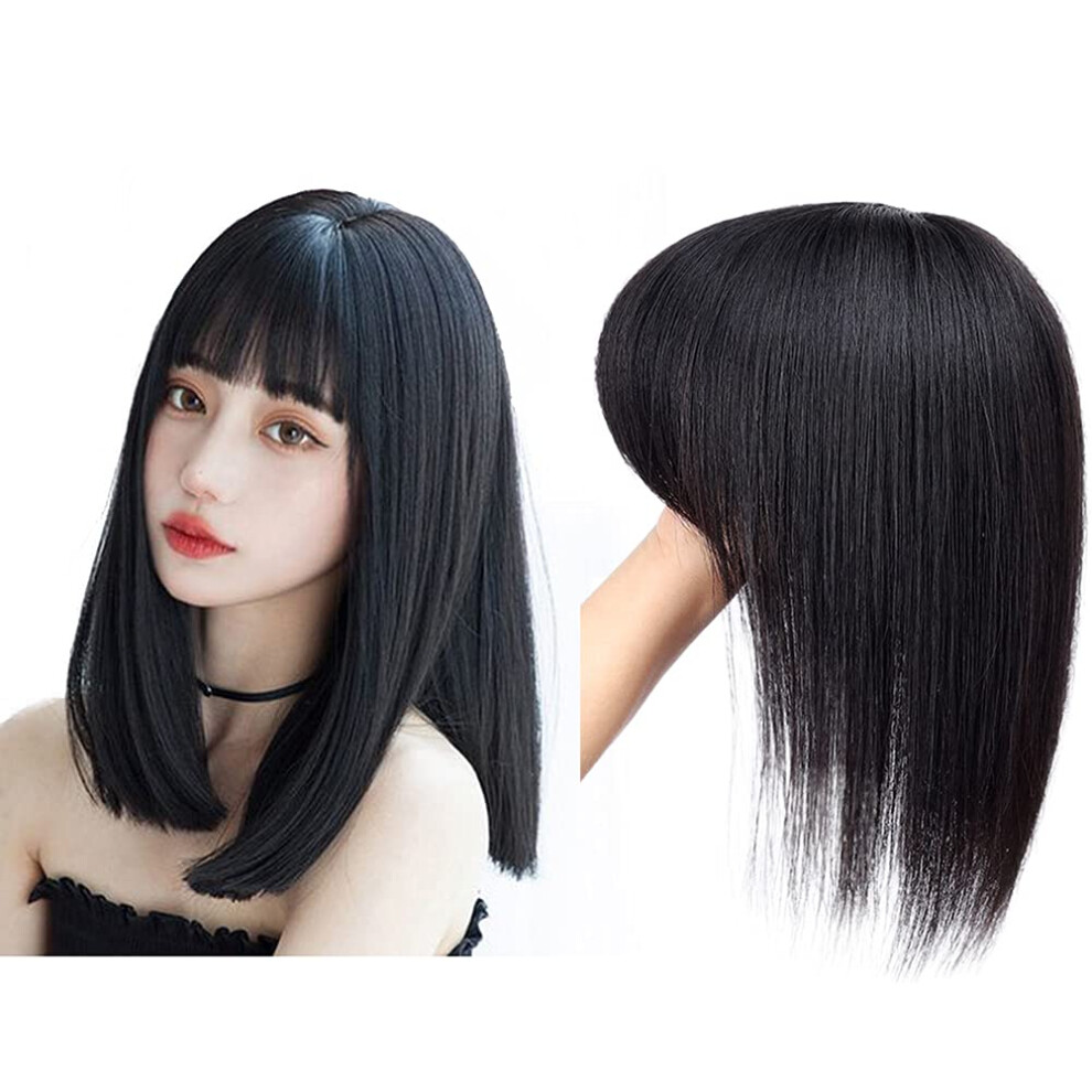 Unisex Black Human Hair Topper Clip Bangs Fringe 35Cm Silk Base Hairpiece For Thinning Hair