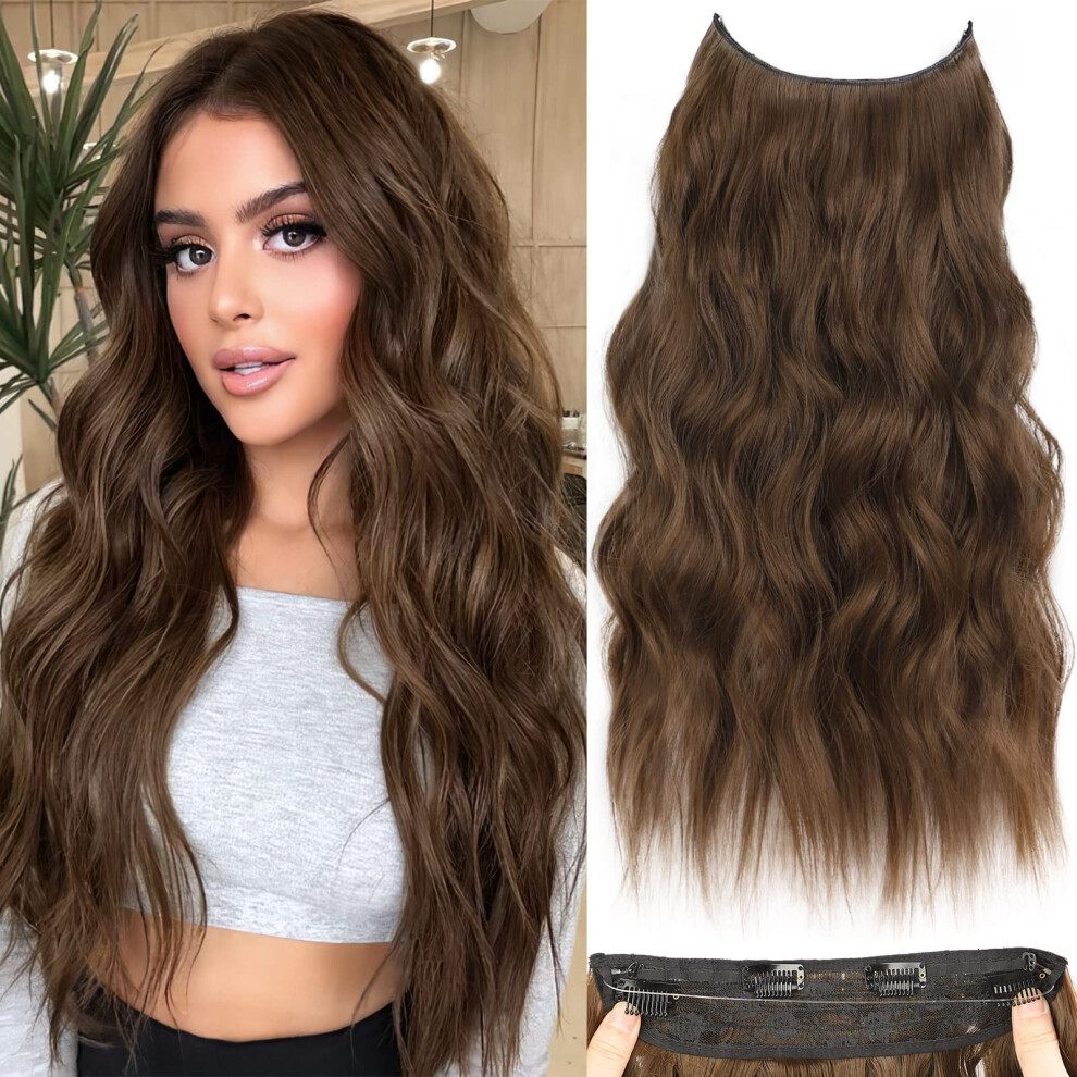 Unisex Brown Ash Clip In Hair Extensions 20 Inch Wavy Synthetic Hairpiece With Invisible Wire And Adjustable Headband