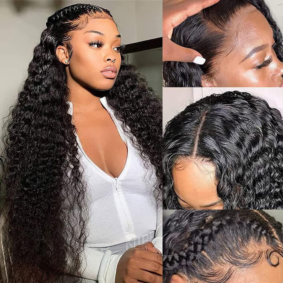 Unisex 34 Inch Deep Wave Lace Front Wig 13X4 Hd Brazilian Human Hair Pre Plucked Glueless Natural Hairline