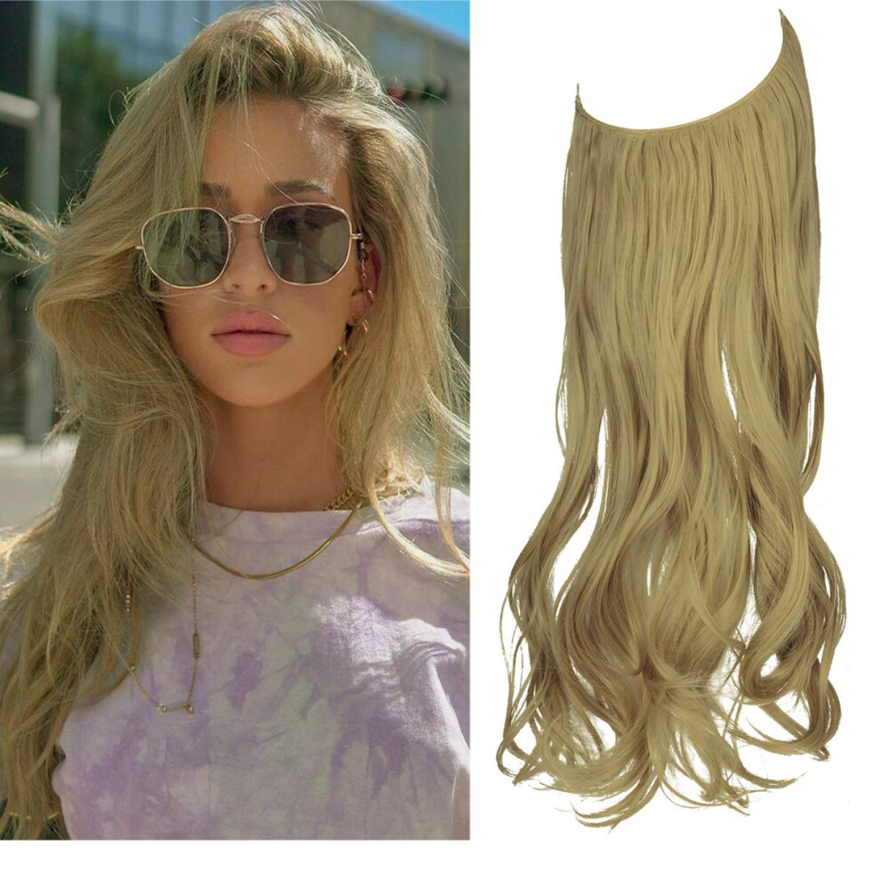 Unisex Invisible Wire Hair Extensions 18 Inch Ash Blonde Curly Halo With Adjustable Transparent Wire, No Damage Wear