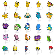 Hggkaie 25Pcs Pokemon Anime Straw Cover Caps for Stanley Cup 40oz/30oz, 10mm Reusable Silicone Protector Plugs, Portable Tumbler Accessories