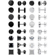 Jstyle 16 Pairs Stainless Steel Black Stud Earrings Cubic Ziconia Stud Earrings Sets Tunnel Earring Ball Studs for Women Men