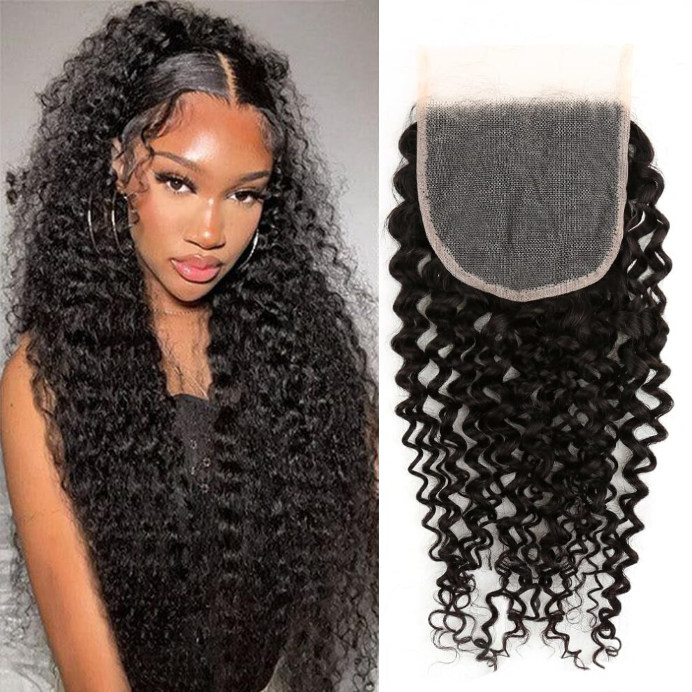 Unisex Black 5X5 Curly Lace Closure 20 Inch Virgin Human Hair, Pre Plucked Bleached Knots, Natural