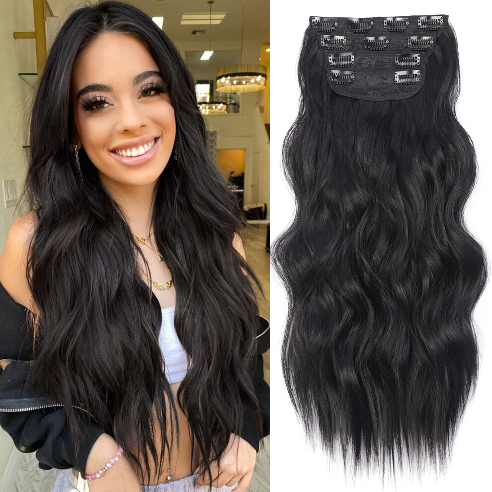 Unisex Black 20 Inch Wavy Clip In Hair Extensions Synthetic Double Weft For Women Instant Volume Boost
