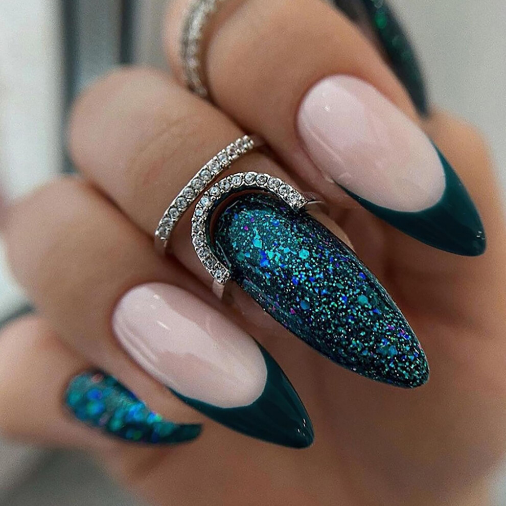 Green,Black Press On Nails Long French Tips With Glitter, Glossy Stiletto False Nail Set With Glue, Reusable 24Pcs Green Black