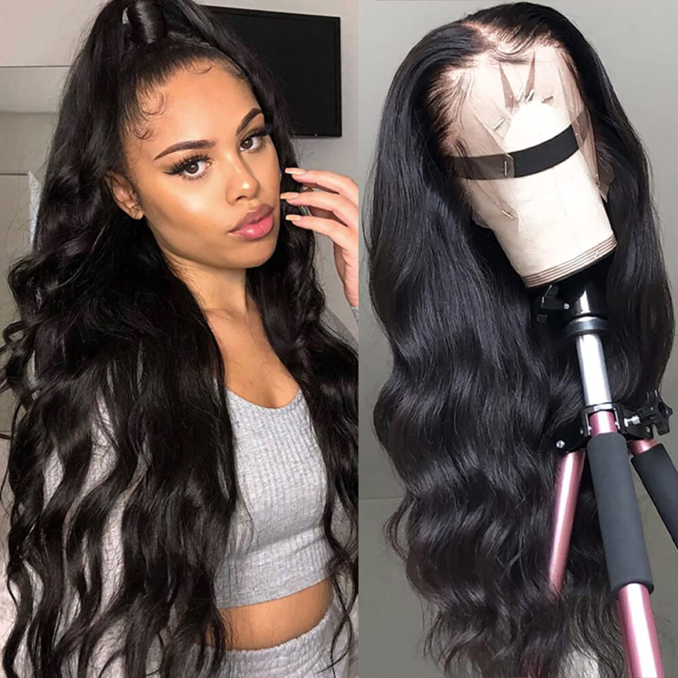 Unisex 28 Inch Brazilian Body Wave Human Hair Lace Front Wig 13X4 Preplucked Glueless Natural Hairline 150% Density