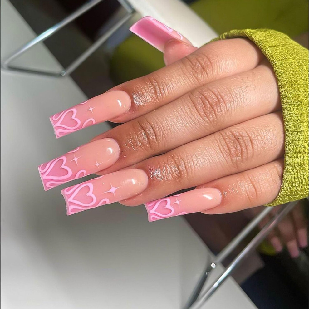 Pink Extra Long Coffin Press On Nails 24Pcs Heart Design Fake Nails For Instant Salon Look