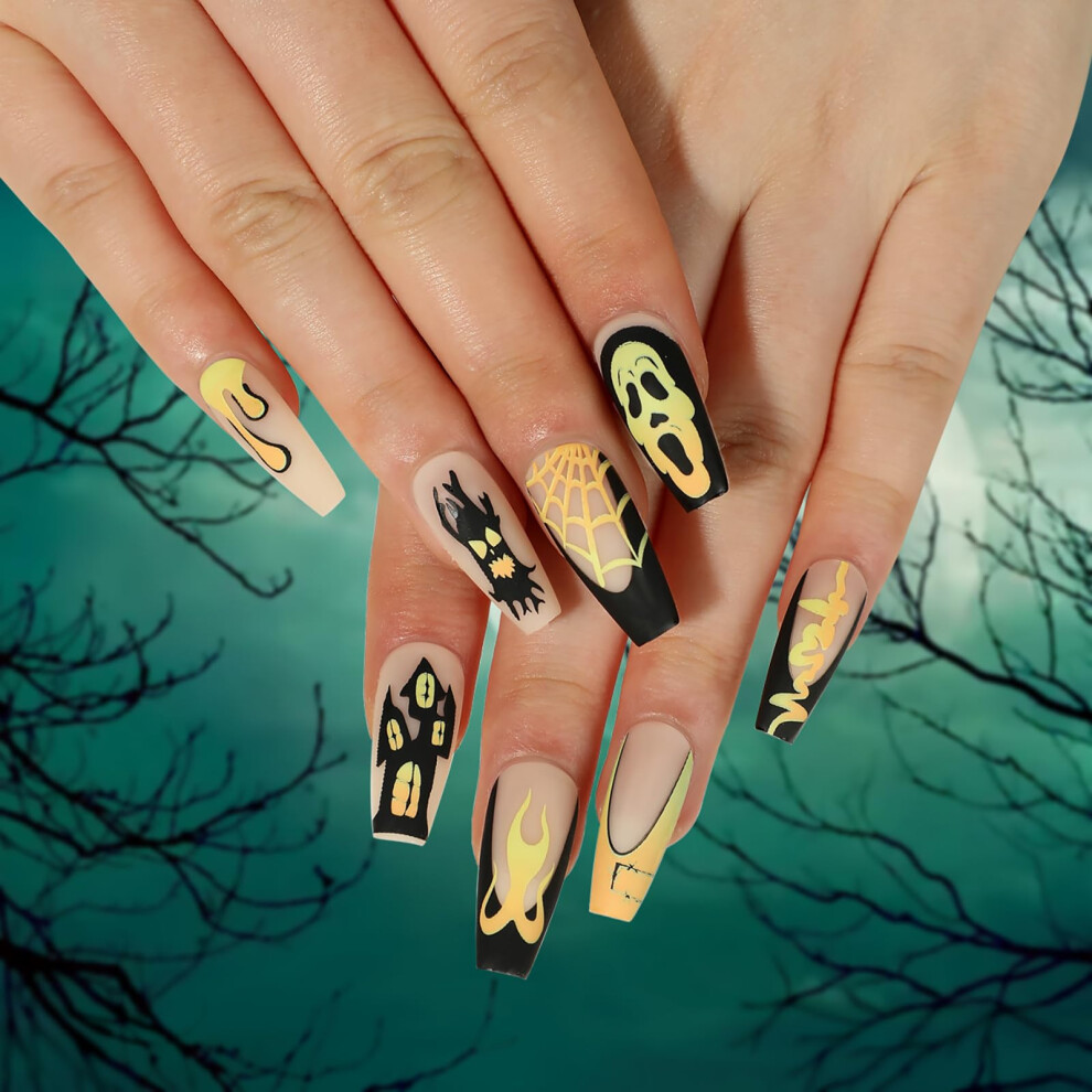 Black 24 Pcs Halloween Press On Nails Set French Short Acrylic False Nails With Skull Spider Web Design