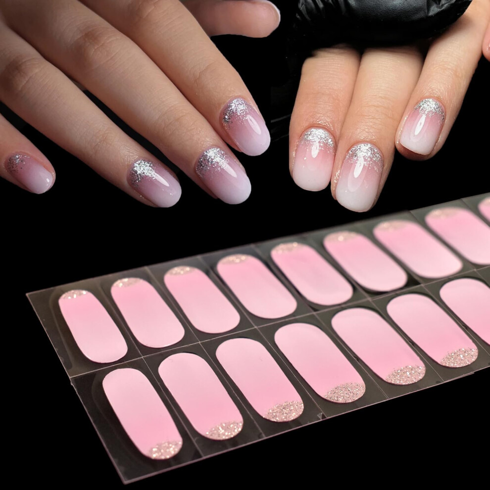 Pink Gradient Gel Nail Strips Glitter French Tip Nail Wraps Extra Long Full Coverage Salon Quality Diy Manicure