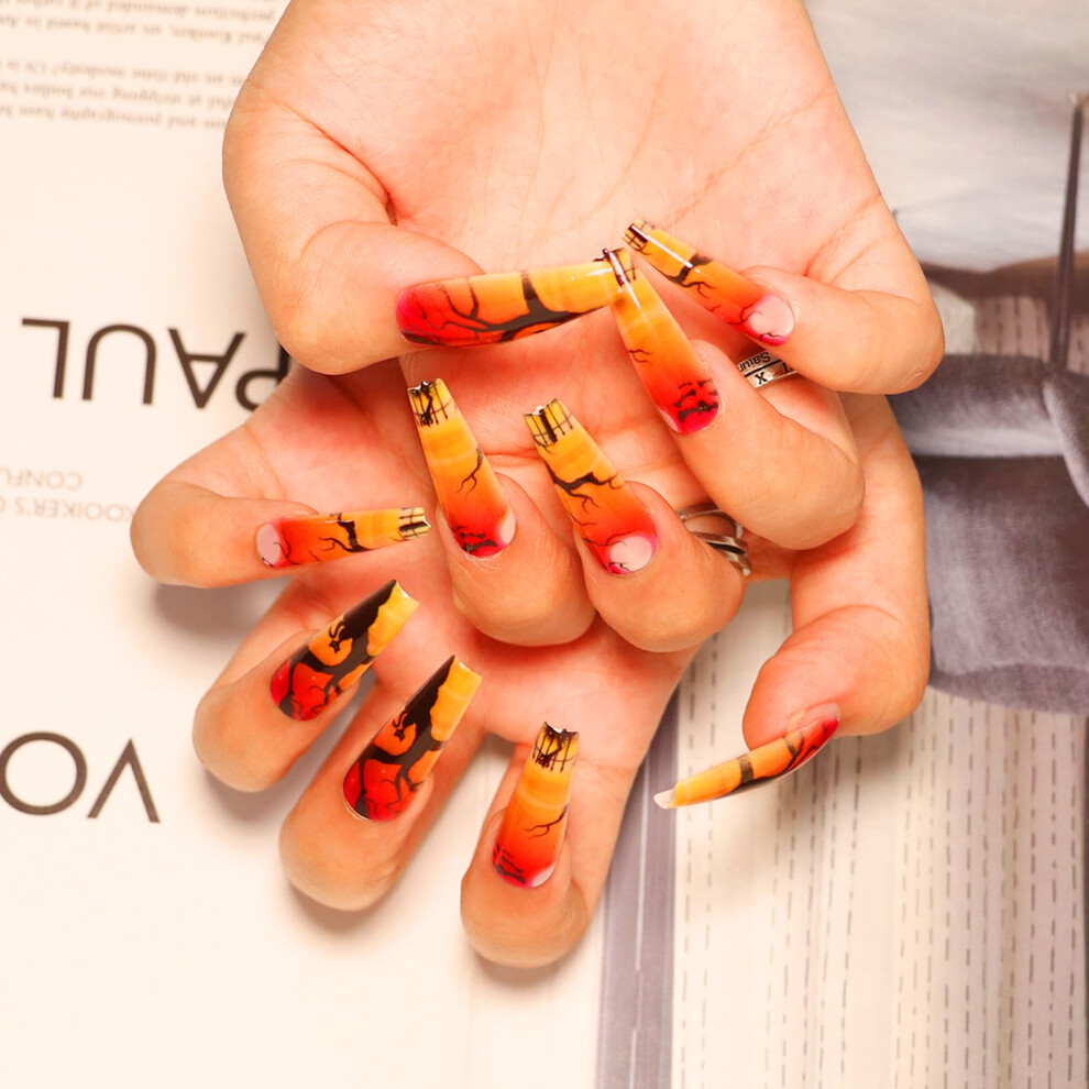 Orange Halloween Press On Nails Coffin Long Fake Nails Set With Bats And Spooky House Design 24Pcs
