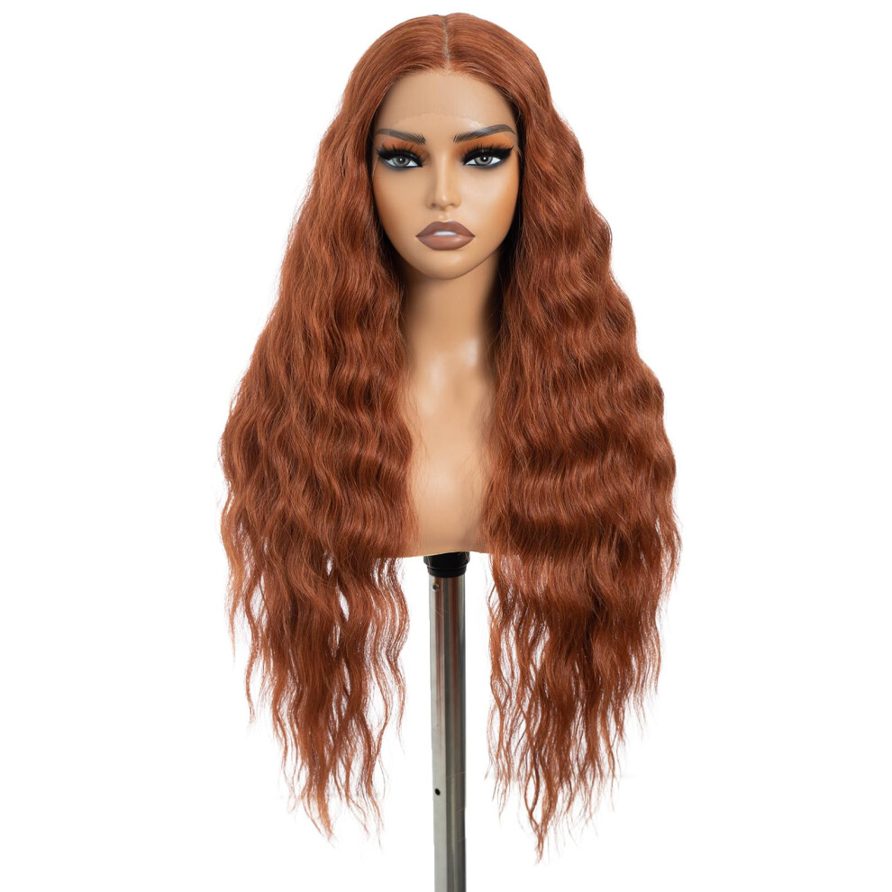 Unisex Red 30 Inch Copper Water Wave Lace Front Wig Long Wavy Synthetic HeatâResistant Fiber For Cosplay