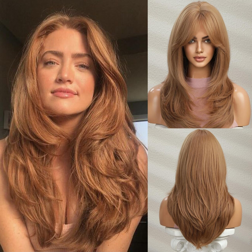 Unisex Brown Highlight Wig With Bangs Medium Length Straight Synthetic Hair For Women Natural Look Heat Resistant