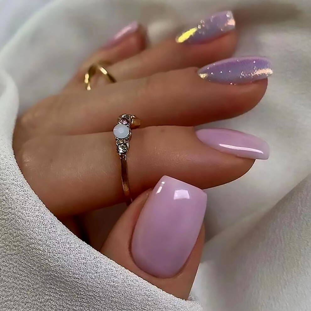 Purple Short Coffin Press On Nails Aurora Glitter Fake Nails Reusable Acrylic False Nails Set 24Pcs