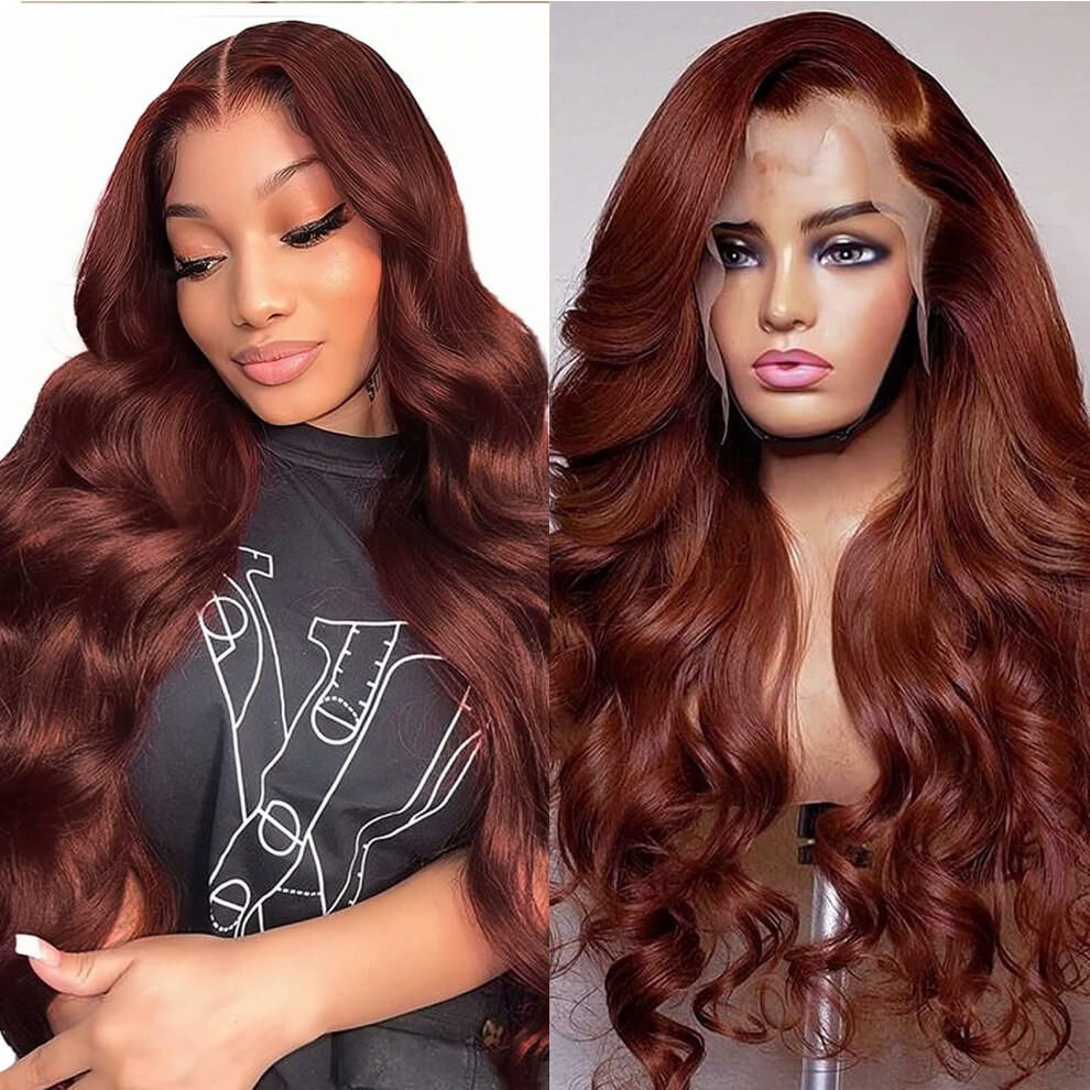 Unisex Brown Reddish 13X4 Lace Front Wig Human Hair Body Wave Brazilian Virgin Wig Natural Hairline 26 Inch
