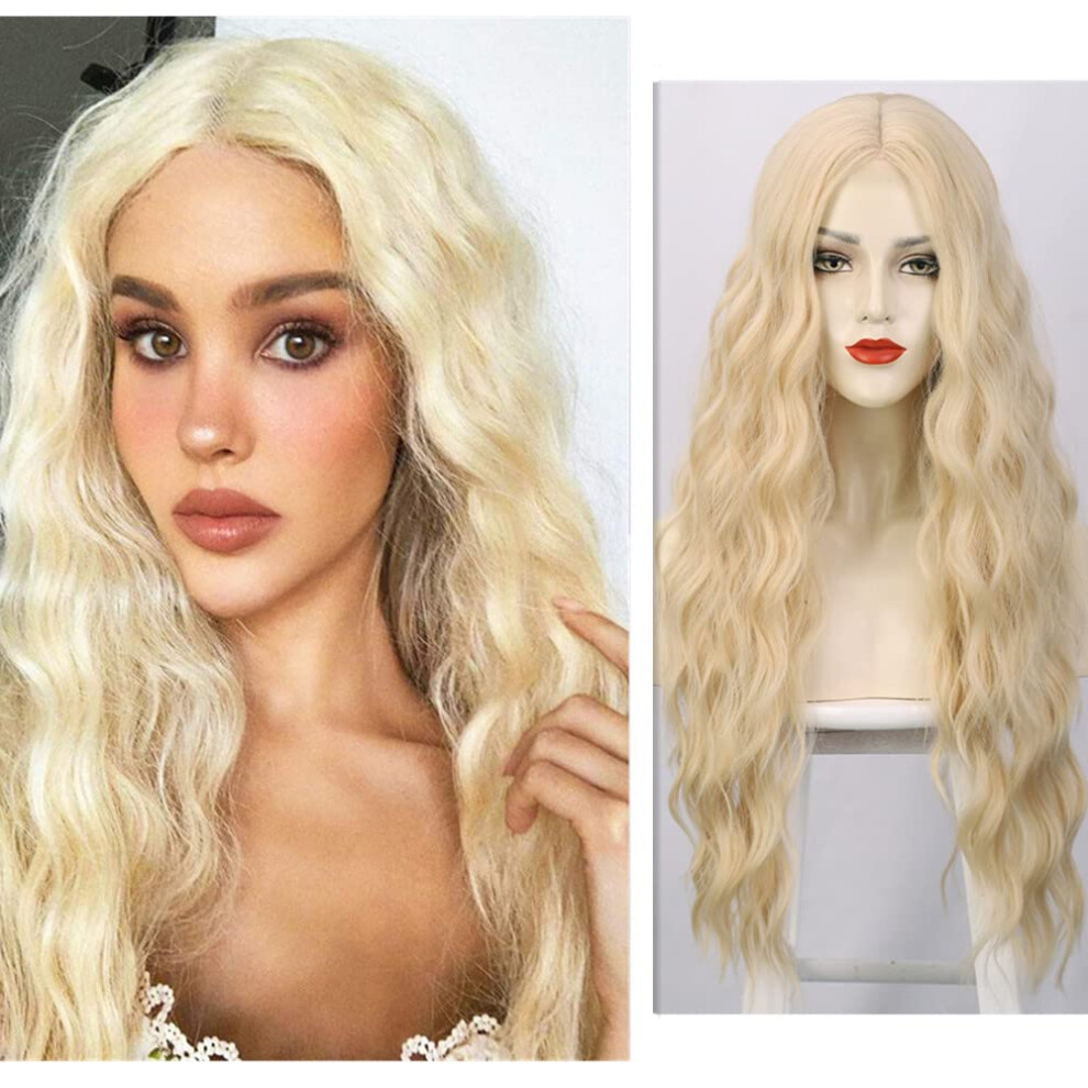 Unisex 28 Inch Blonde Synthetic Wig Long Wavy Lace Front With Preplucked Hairline Heat Resistant