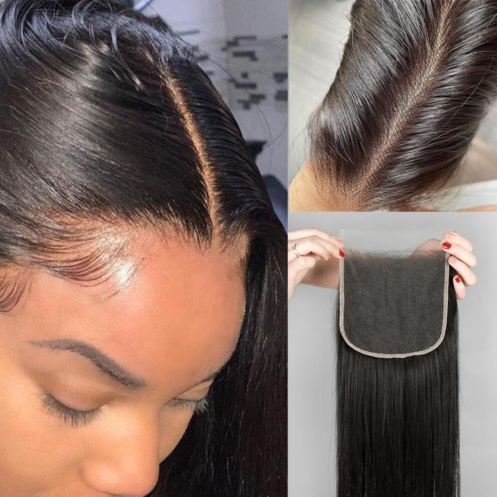 Unisex Hd Lace Closure 4X4 With Baby Hair, Preplucked Brazilian Virgin Straight Human Hair 16 Inch