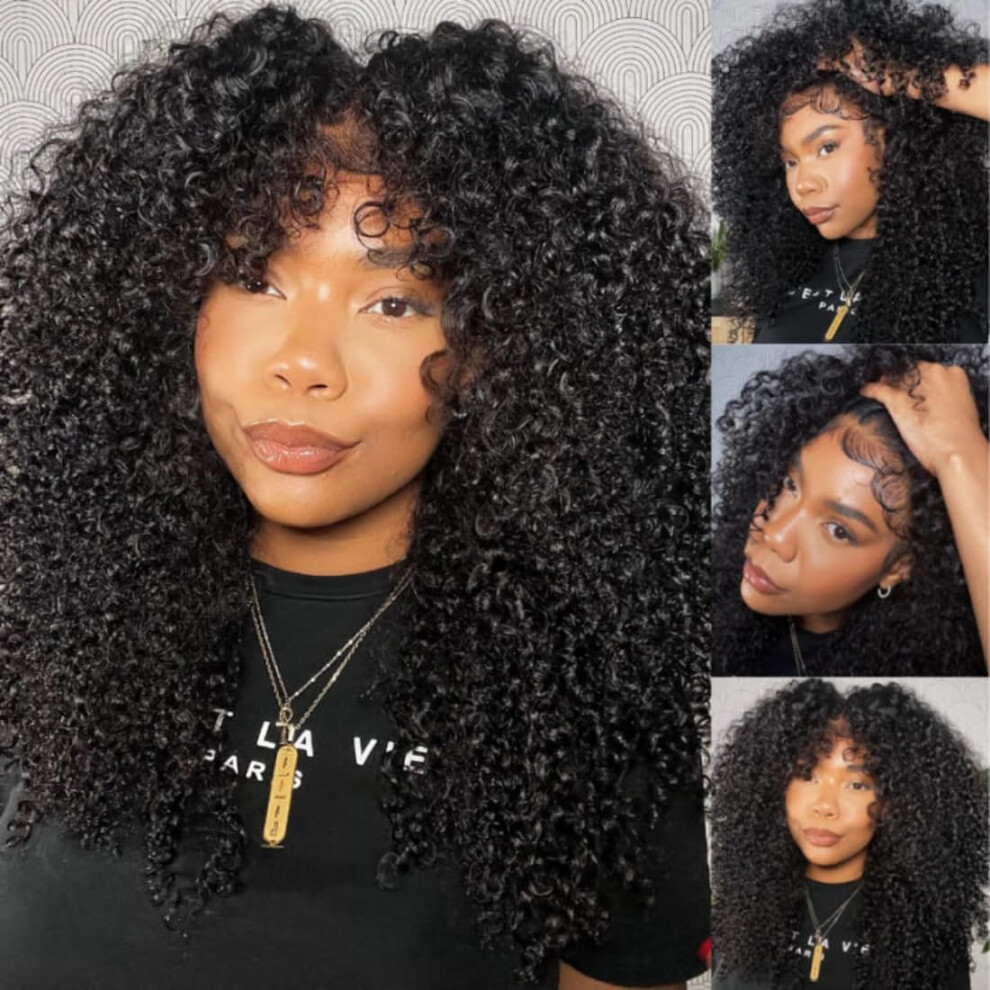Unisex 26 Inch Jerry Curly Human Hair Glueless Hd Lace Front Wig Preplucked Natural Scalp Effect
