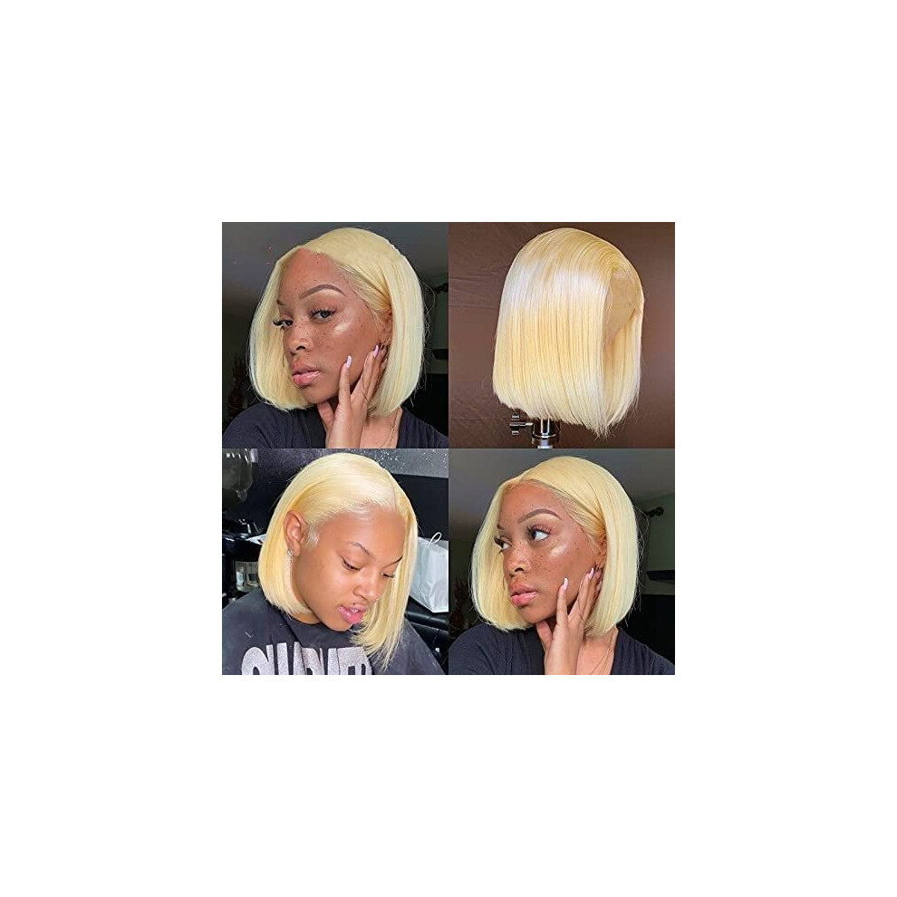 Unisex 613 Blonde Bob Lace Front Human Hair Wig 12 Inch Brazilian Straight With Natural Hairline