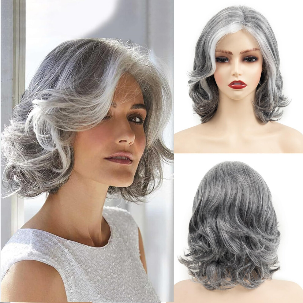 Unisex Gray Short Wavy Bob Wig With Bangs For Women, Heat Resistant Synthetic Fiber, Natural Look