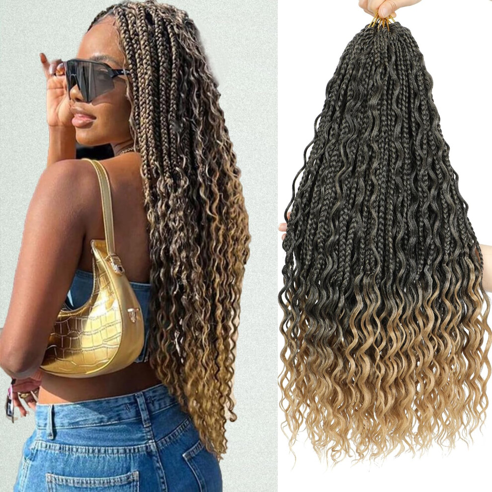 Unisex Black Boho Box Braids Crochet Hair 24 Inch T1b/27 Ombre Honey Blonde Prelooped Goddess Braids With Curly Ends