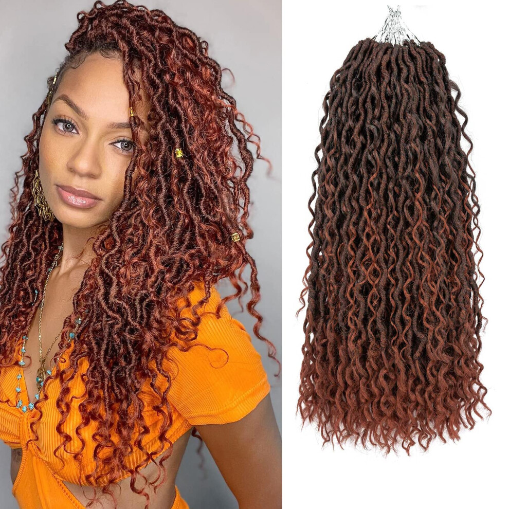 Unisex Light 14 Inch Copper Curly Faux Locs Crochet Hair Extensions, Prelooped Goddess Locs T1b/350