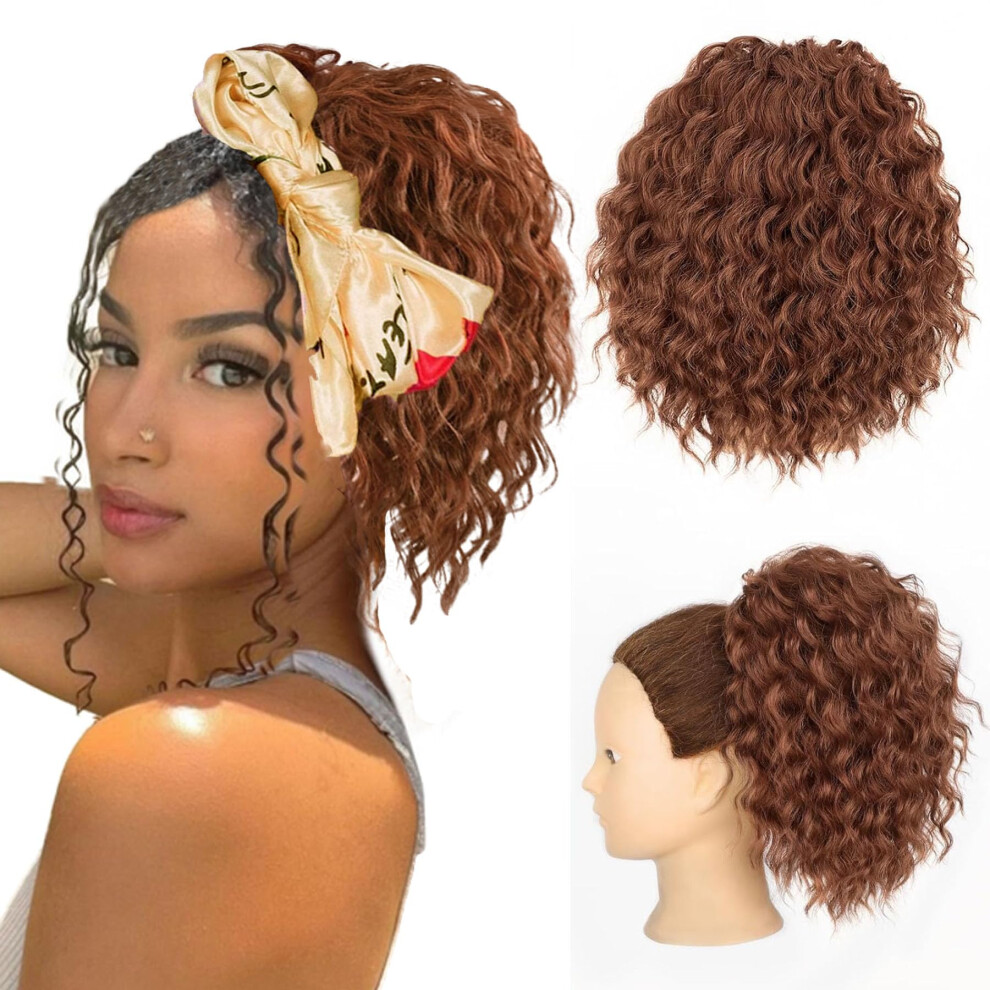 Unisex Black,Red Medium Auburn Drawstring Curly Ponytail Extension 8 Inch Synthetic Hairpiece For Black Women