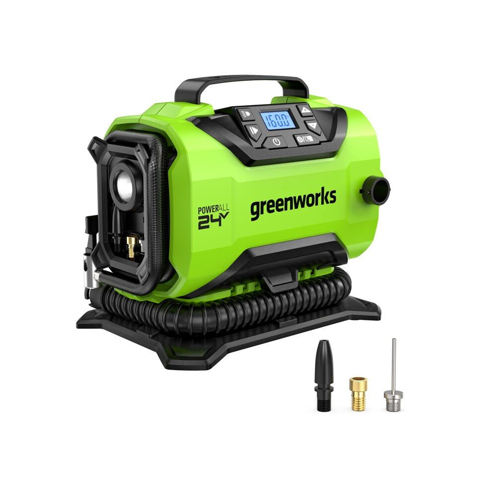 Greenworks G24in Tyre Inflator Car Air Compressor Cordless Portable Air Pump, 11 Bar, 160 Psi Pressure Gauge, Auto Shut-Off Without 24V Battery & Char