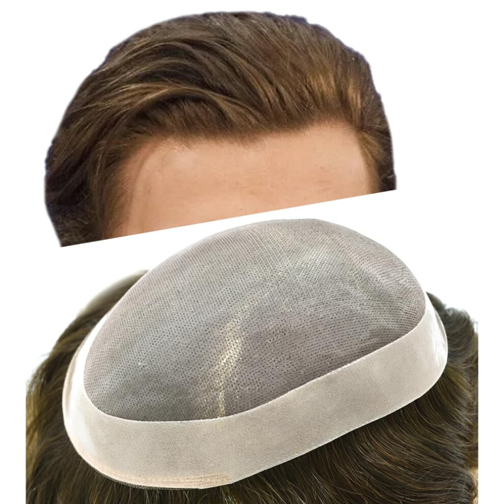 Unisex Brown Men's Toupee 8X10 Fine Mono Human Hair System With Poly Perimeter Natural Lace Hairline Light Ash