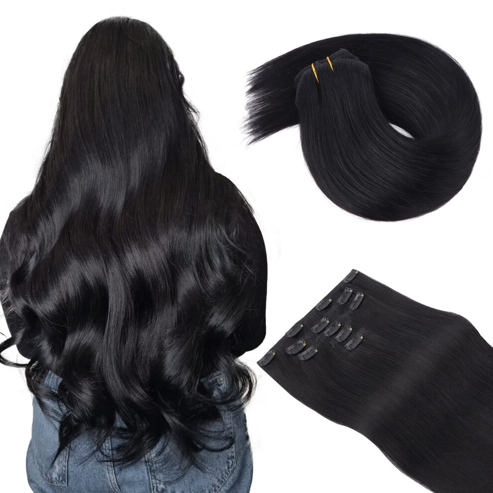 Unisex Black Jet Remy Clip In Hair Extensions 20 Inch Real Human Hair Straight 5Pcs Set For Volume