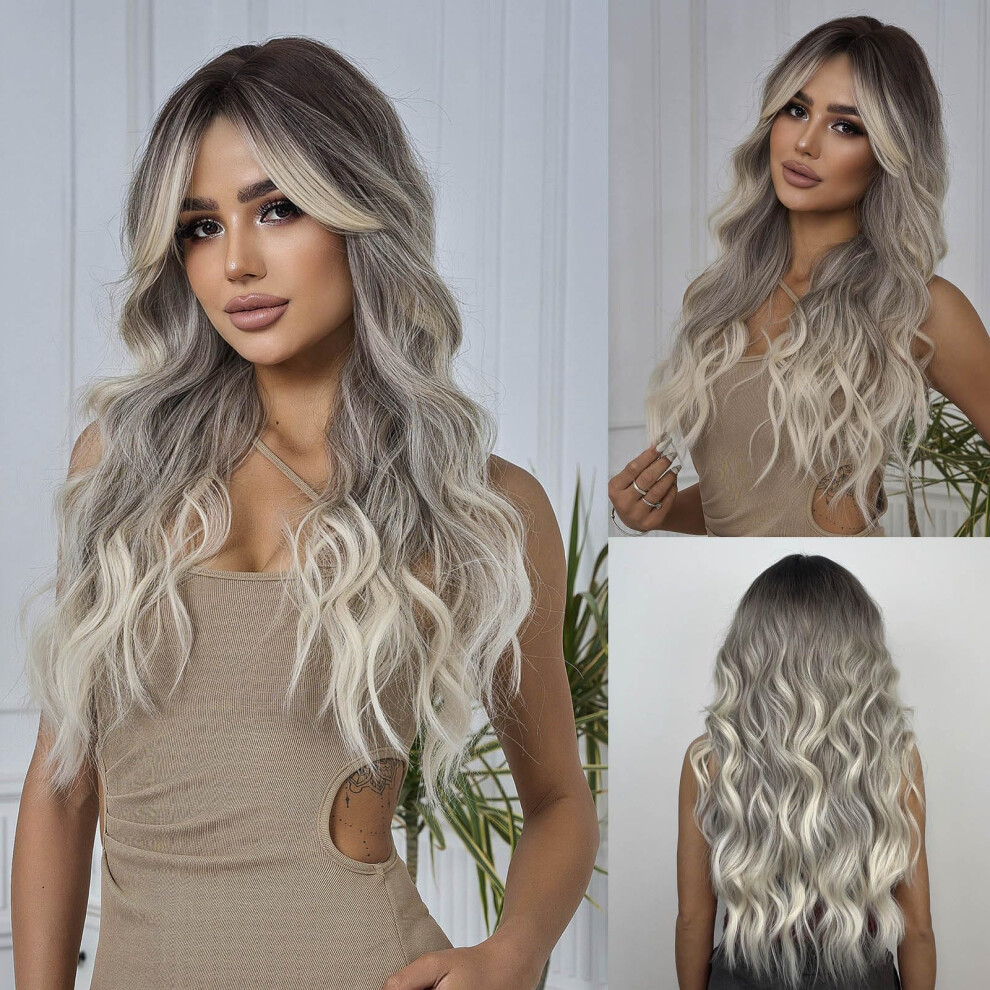 Unisex Black,Grey 26 Inch Ombre Grey Long Wavy Wig With Black Roots, Heat Resistant Synthetic Hair, Natural Gradient For Daily Or Party Use