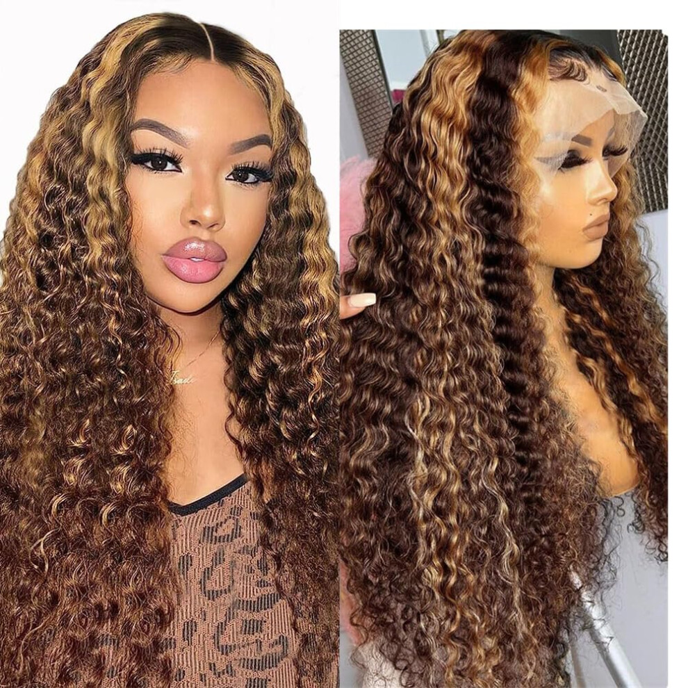 Unisex Highlight Lace Front Wig 13X6 Hd Honey Blonde Ombre Deep Wave Human Hair Glueless 24 Inch
