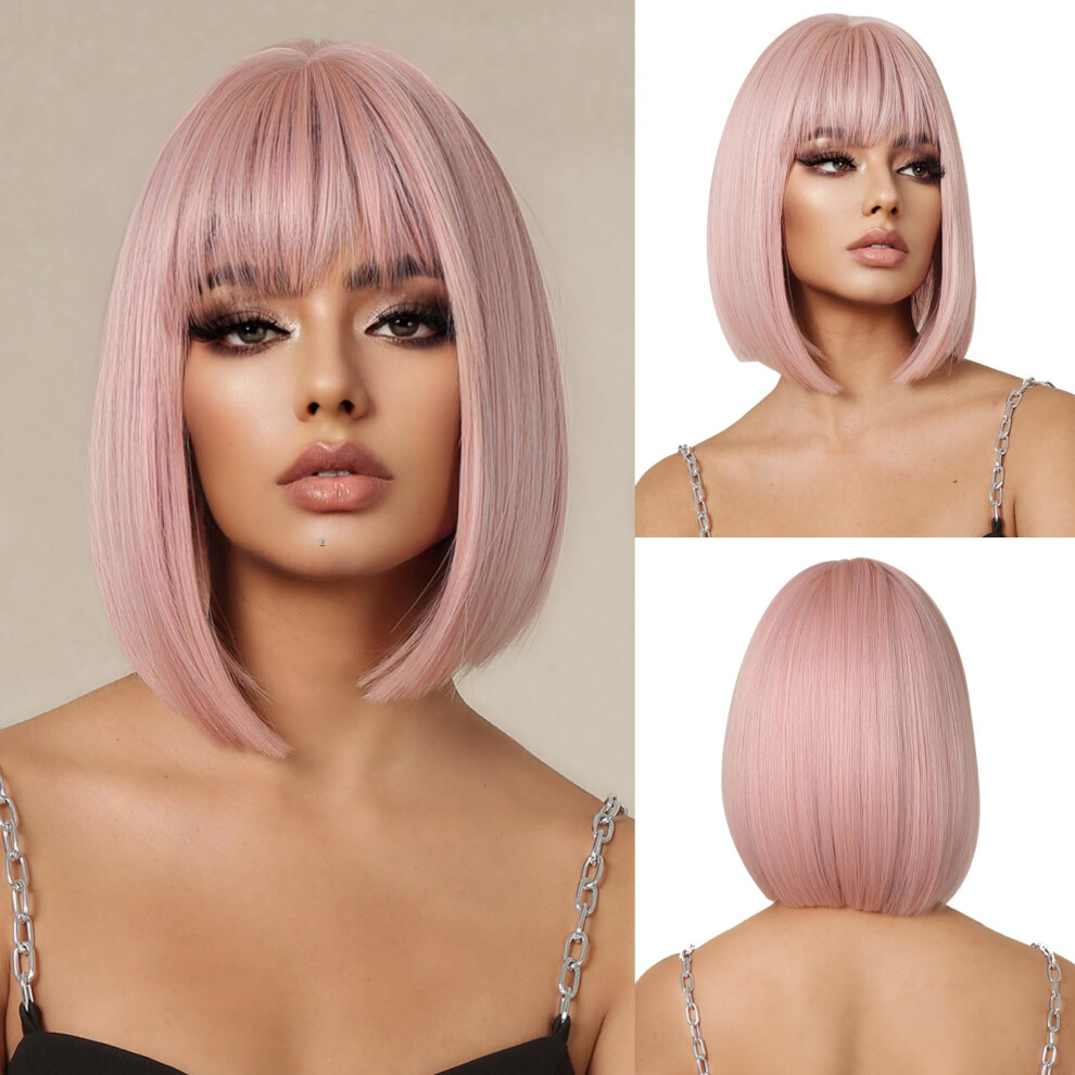 Unisex Pink Bob Wig With Bangs, Naturallooking Synthetic Fiber, Short Straight Cosplay Hair For Women