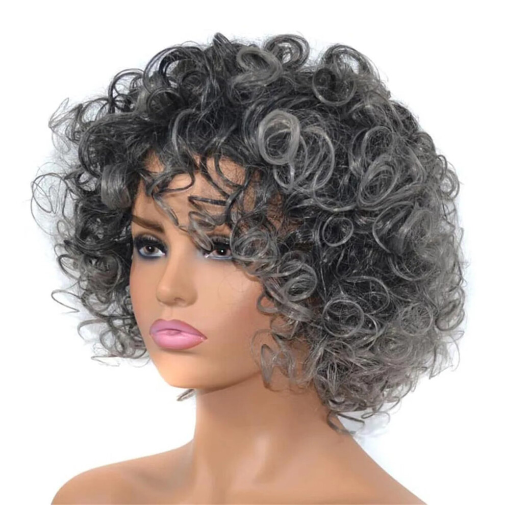 12 Inch Afro Curly Wig for Black Women Black Gray Synthetic Hairpiece with Natural Texture