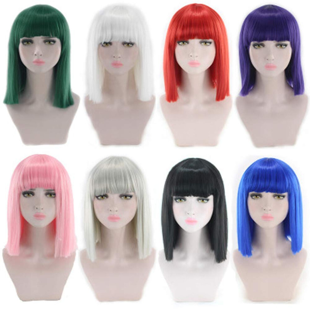 Unisex Pink Short Bob Wig For Women Synthetic With Bangs Heat Resistant Middle Part Straight Hair