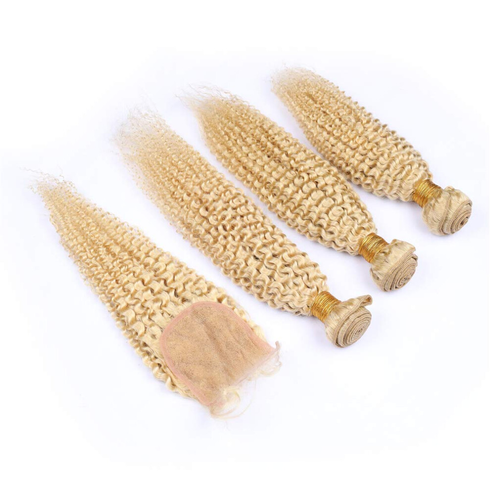 Unisex 613 Blonde Kinky Curly Human Hair Bundles With 4X4 Lace Closure Mixed Length For Natural Look